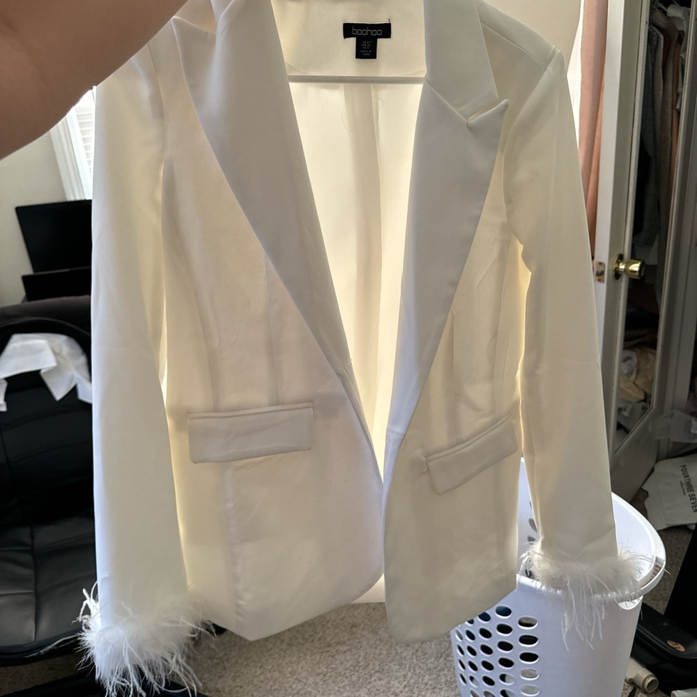 White blazer with fur cuffs